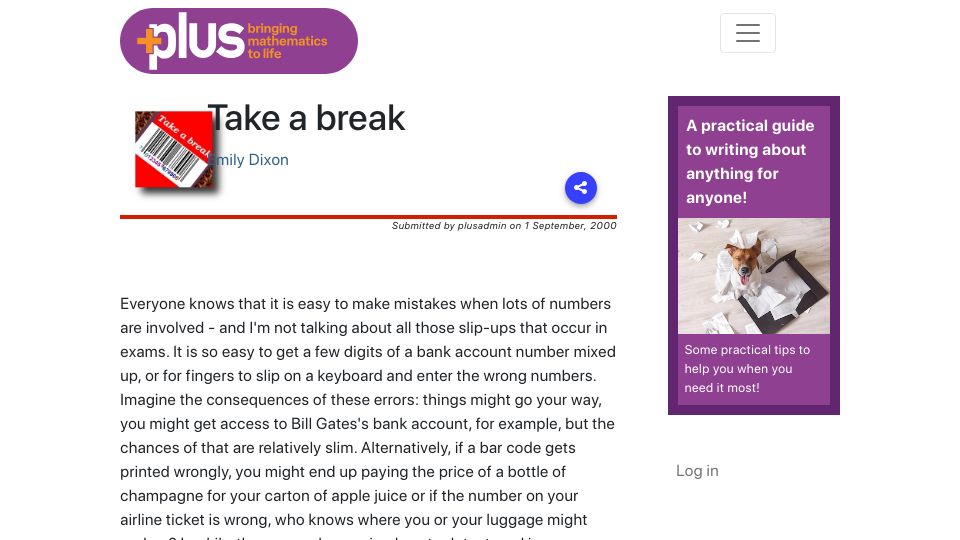 Screenshot of plus.maths.org: Take a break: Error-detecting codes in credit card numbers, ISBNs etc. (2000)