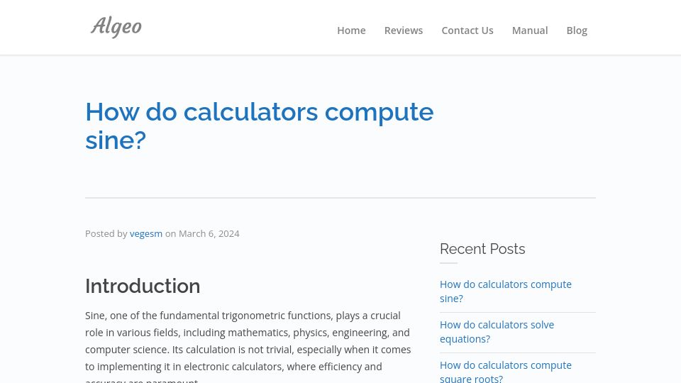 Screenshot of androidcalculator.com: How do computers calculate sine?