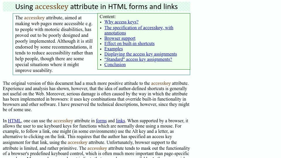 Screenshot of jkorpela.fi: Using accesskey attribute in HTML forms and links (2006)
