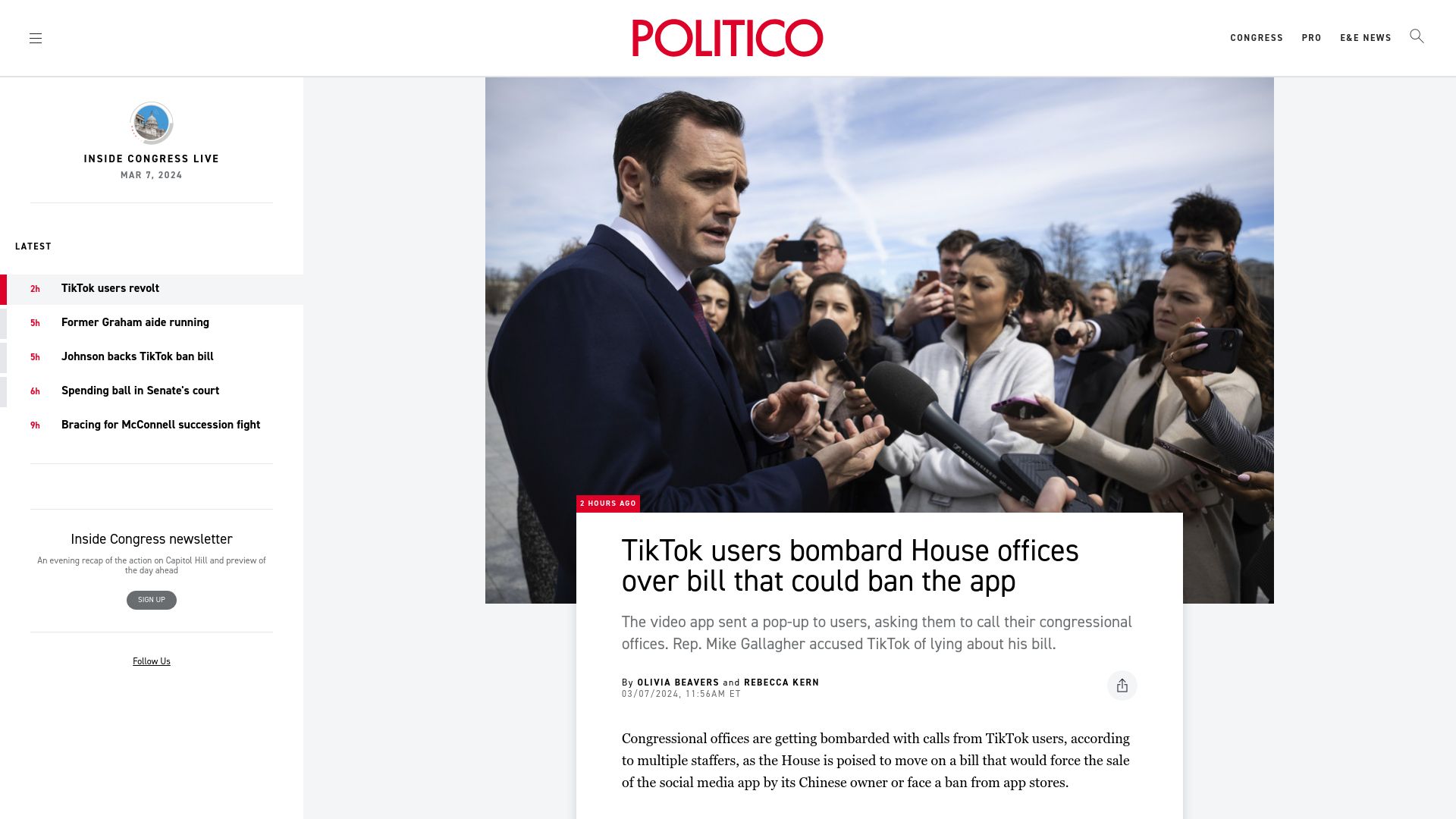 Screenshot of politico.com: TikTok users bombard Congressional offices over bill that could ban app
