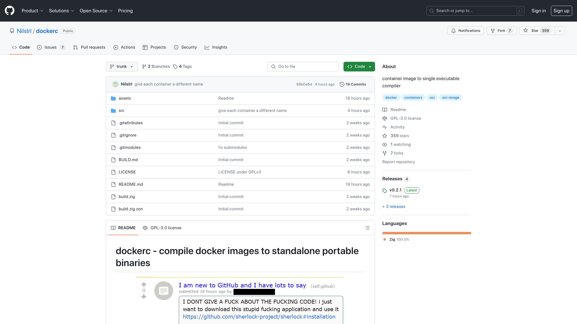 Screenshot of github.com: Show HN: dockerc – Docker image to static executable "compiler"