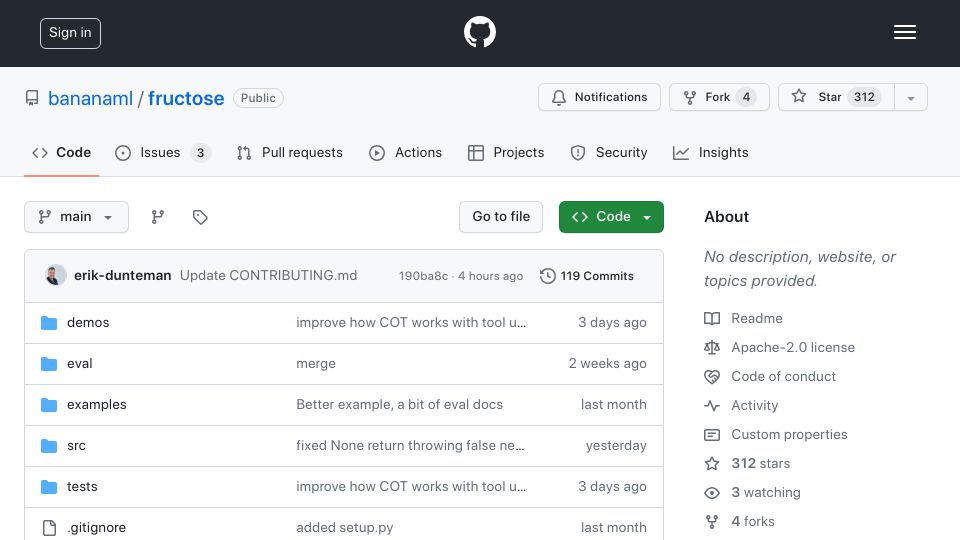 Screenshot of github.com: Show HN: Fructose – LLM calls as strongly typed functions