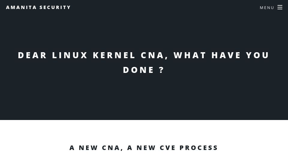 Screenshot of amanitasecurity.com: Dear Linux Kernel CNA, what have you done?
