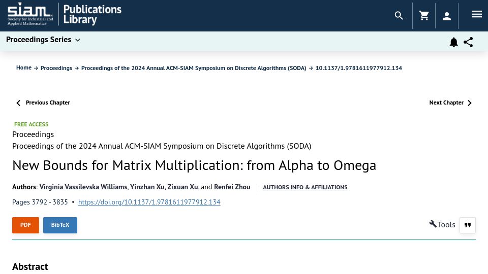 Screenshot of epubs.siam.org: New Bounds for Matrix Multiplication: From Alpha to Omega