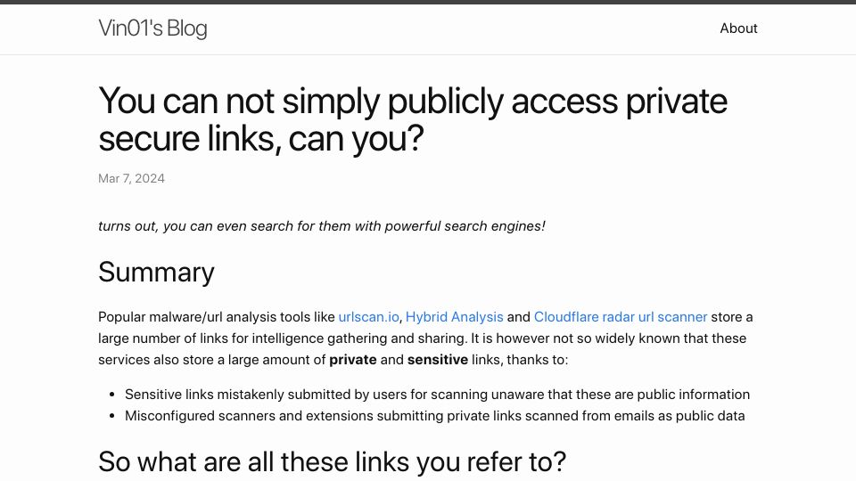 Screenshot of vin01.github.io: You cannot simply publicly access private secure links, can you?