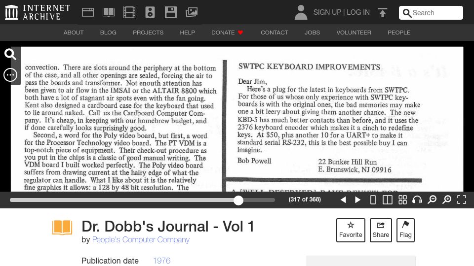 Screenshot of archive.org: Dr. Dobb's Journal – Vol 1 (1976)