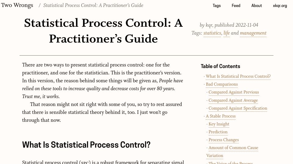 Screenshot of two-wrongs.com: Statistical Process Control: A Practitioner's Guide (2022)