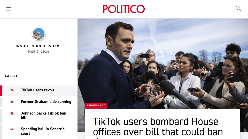 Screenshot of politico.com: TikTok users bombard Congressional offices over bill that could ban app