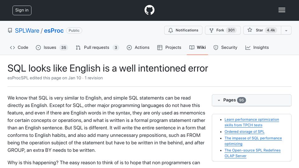 Screenshot of github.com: SQL looks like English is a well intentioned error