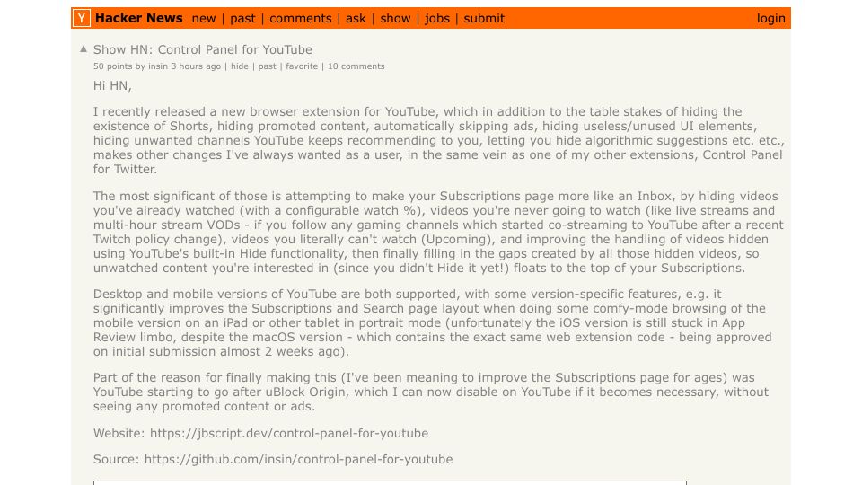 Screenshot of Hacker News post: Show HN: Control Panel for YouTube