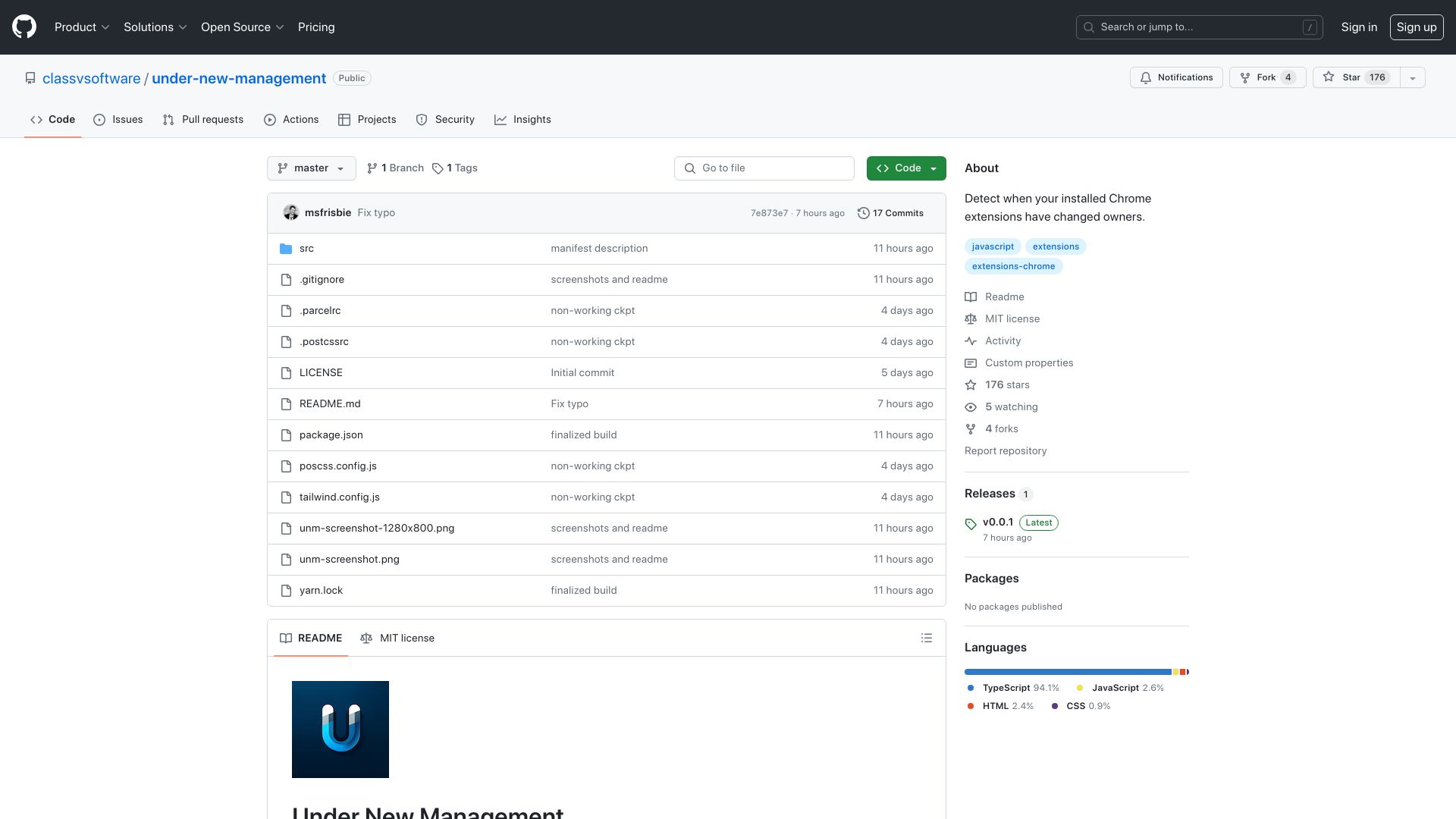 Screenshot of github.com: Detect when your installed Chrome extensions have changed owners