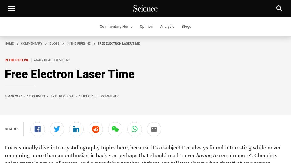 Screenshot of science.org: Free Electron Laser Time