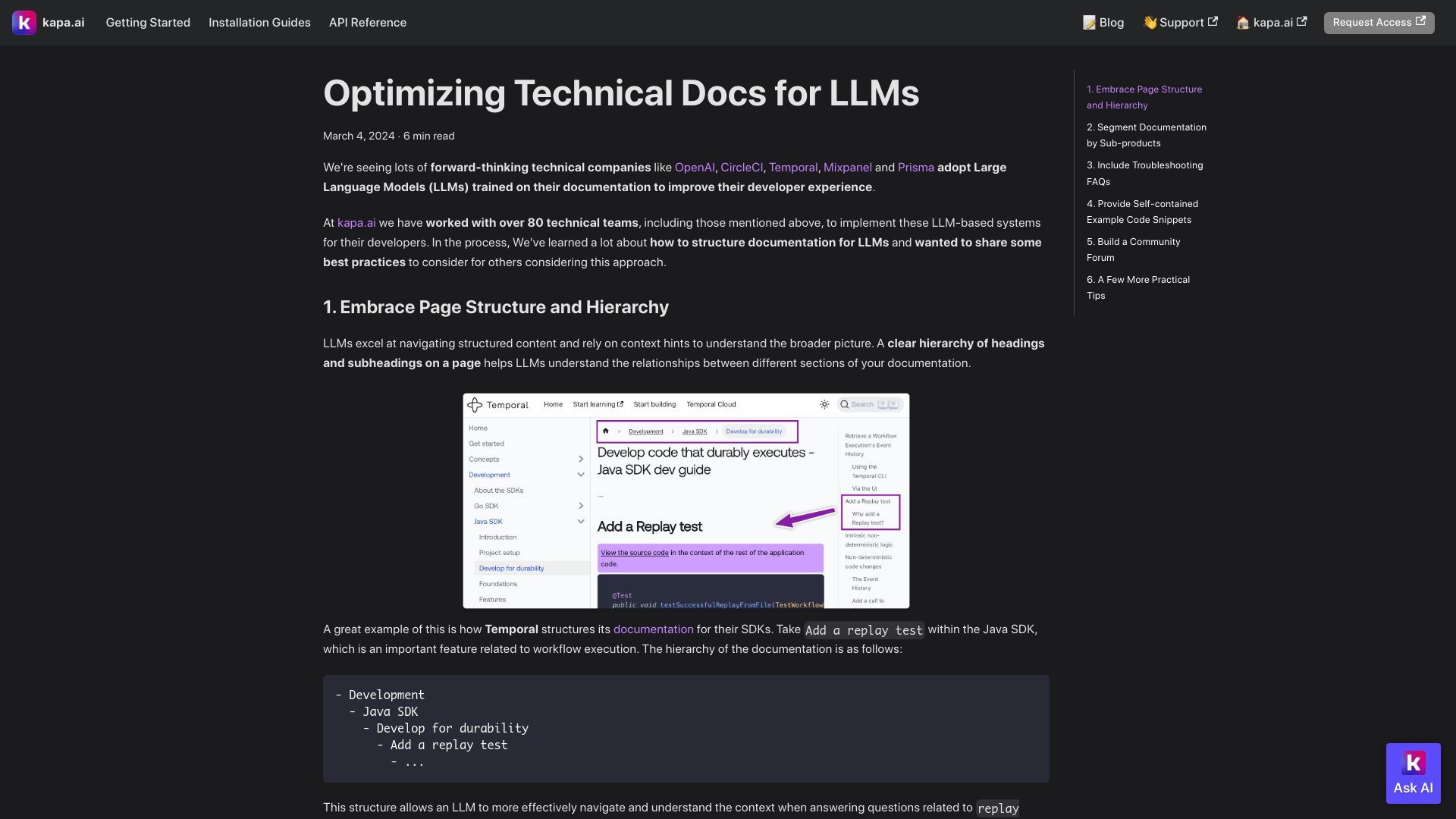 Screenshot of docs.kapa.ai: Optimizing technical docs for LLMs
