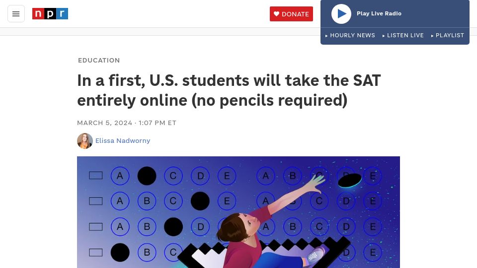 Screenshot of npr.org: U.S. students will take the SAT online