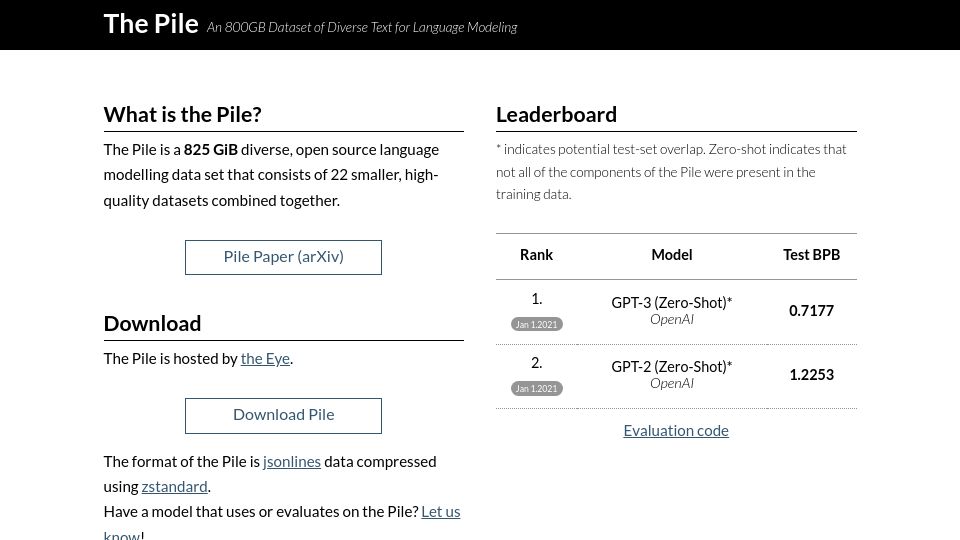 Screenshot of pile.eleuther.ai: The Pile is a 825 GiB diverse, open-source language modelling data set