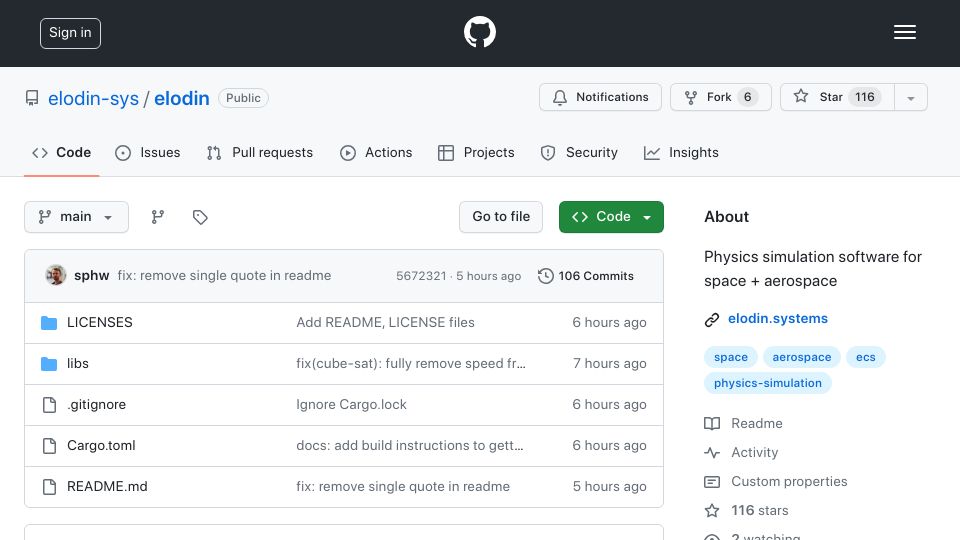 Screenshot of github.com: Show HN: Elodin – A better framework for physics simulation