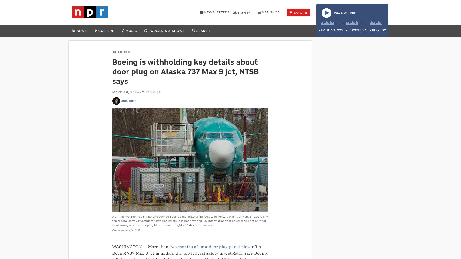 Screenshot of npr.org: NTSB says Boeing is withholding key details about door plug on Alaska 737 MAX 9