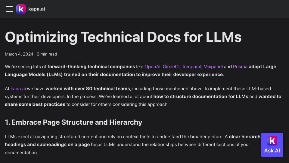 Screenshot of docs.kapa.ai: Optimizing technical docs for LLMs