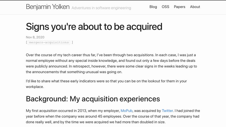 Screenshot of yolken.net: Signs you're about to be acquired (2020)