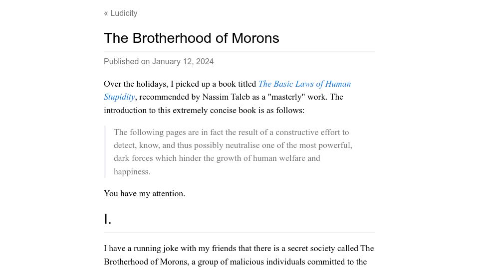 Screenshot of ludic.mataroa.blog: The Brotherhood of Morons