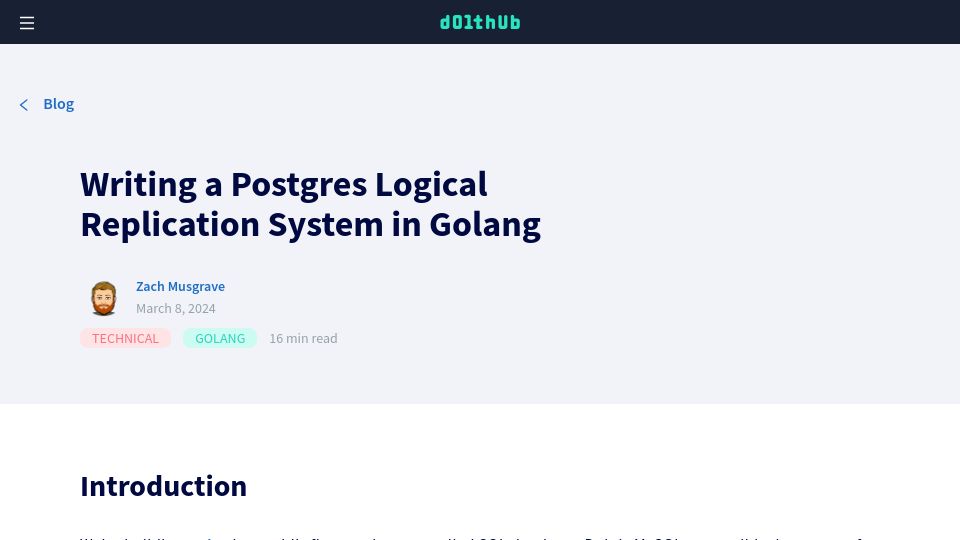 Screenshot of dolthub.com: Writing a Postgres logical replication system in Golang