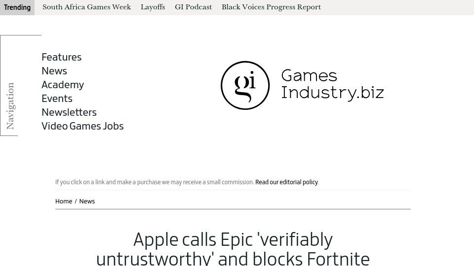 Screenshot of gamesindustry.biz: Apple calls Epic 'verifiably untrustworthy' and blocks Fortnite and App store