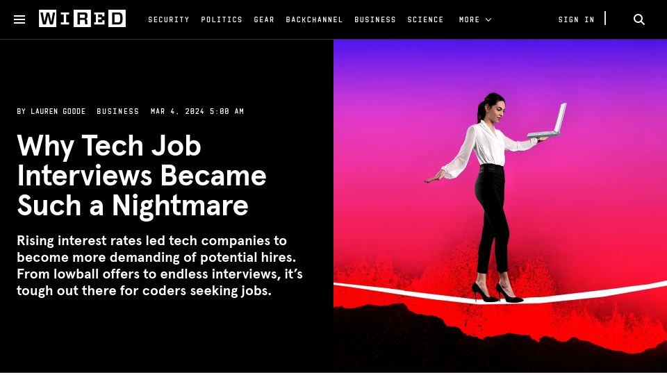 Screenshot of wired.com: Why tech job interviews became such a nightmare