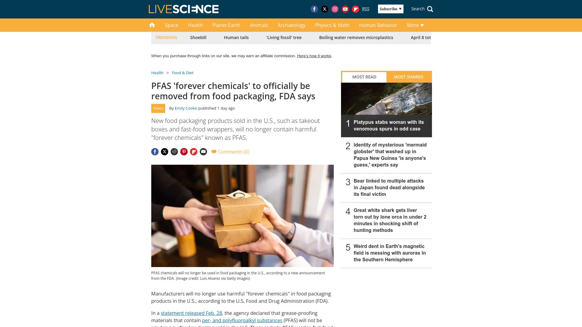 Screenshot of livescience.com: PFAS 'forever chemicals' to officially be removed from food packaging, FDA says