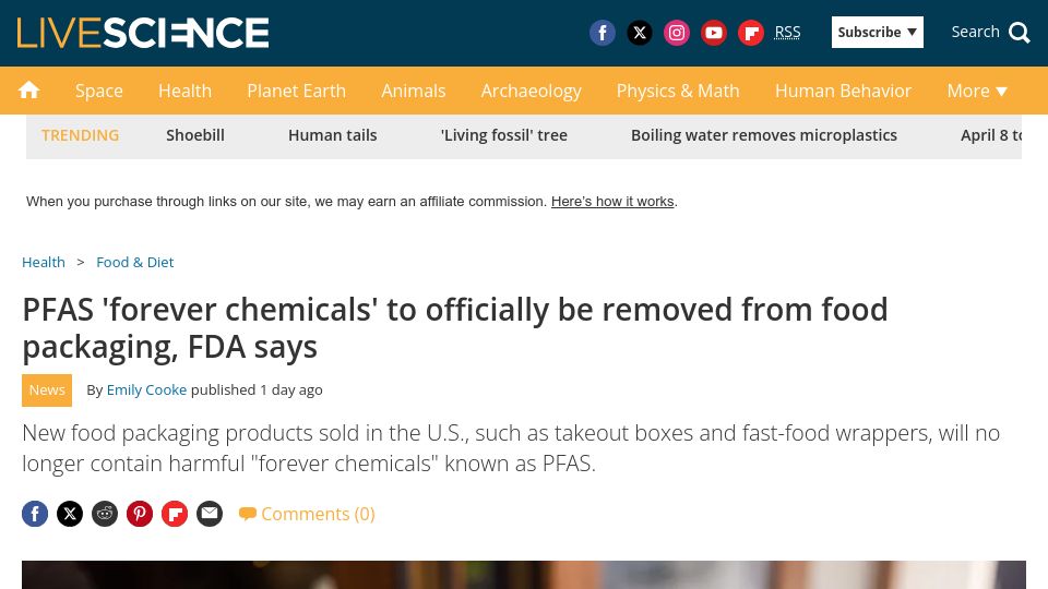 Screenshot of livescience.com: PFAS 'forever chemicals' to officially be removed from food packaging, FDA says