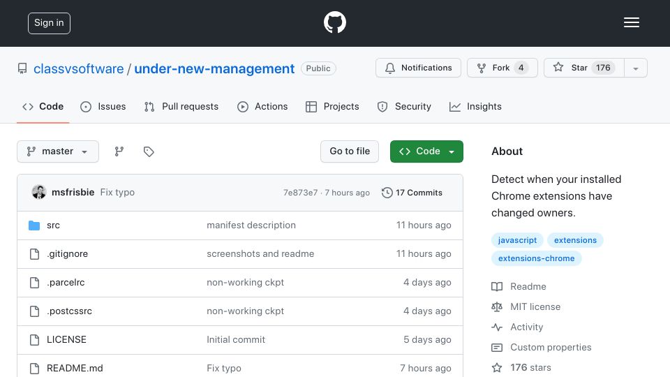 Screenshot of github.com: Detect when your installed Chrome extensions have changed owners