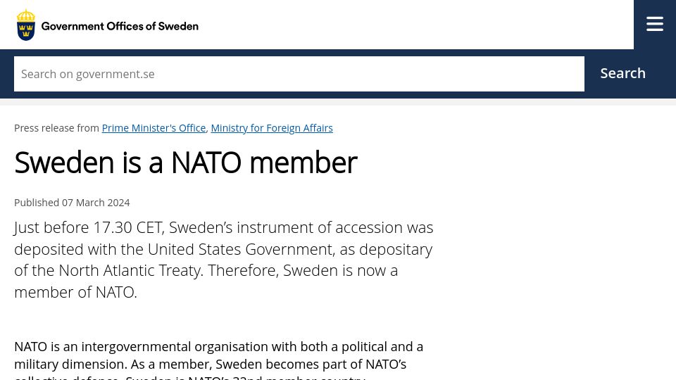 Screenshot of government.se: Sweden Is a NATO Member