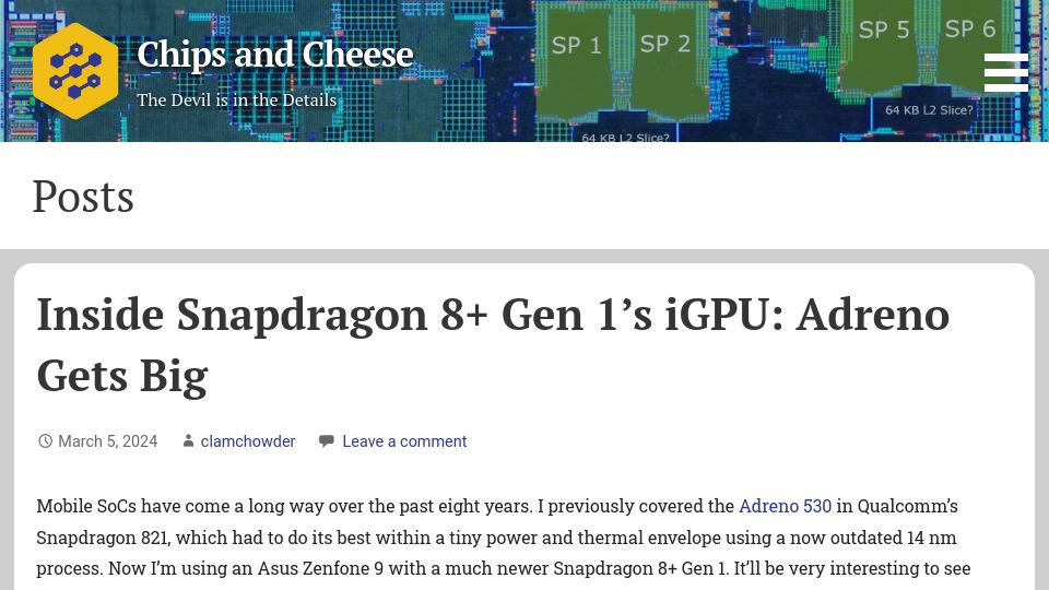 Screenshot of chipsandcheese.com: Snapdragon 8 Gen 1's iGPU: Adreno Gets Big