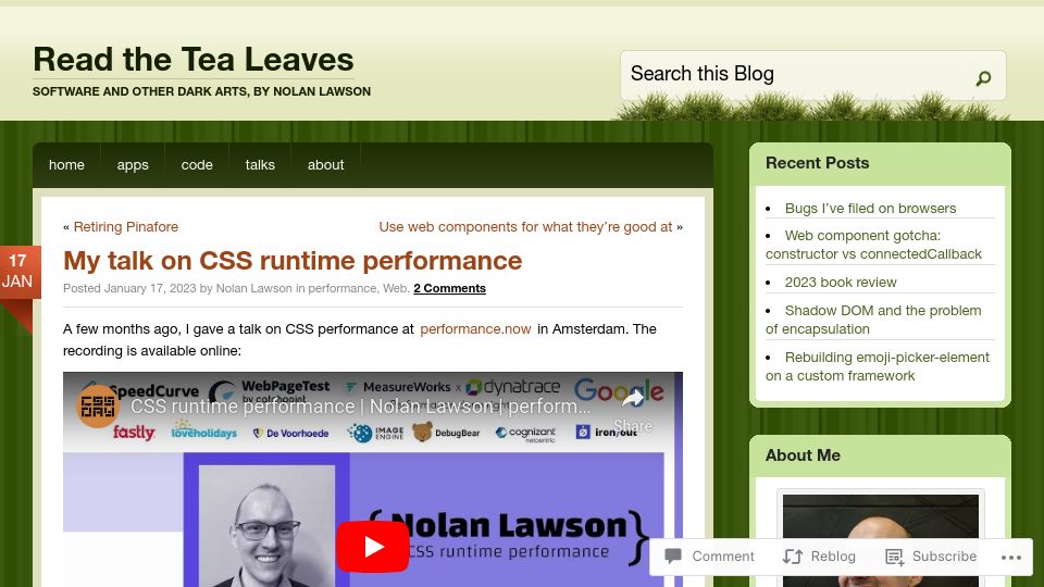 Screenshot of nolanlawson.com: My talk on CSS runtime performance
