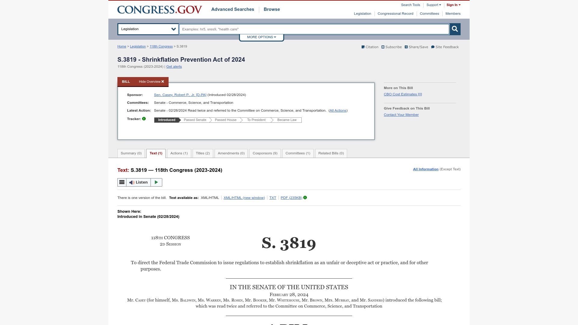 Screenshot of congress.gov: S.3819 – Shrinkflation Prevention Act of 2024