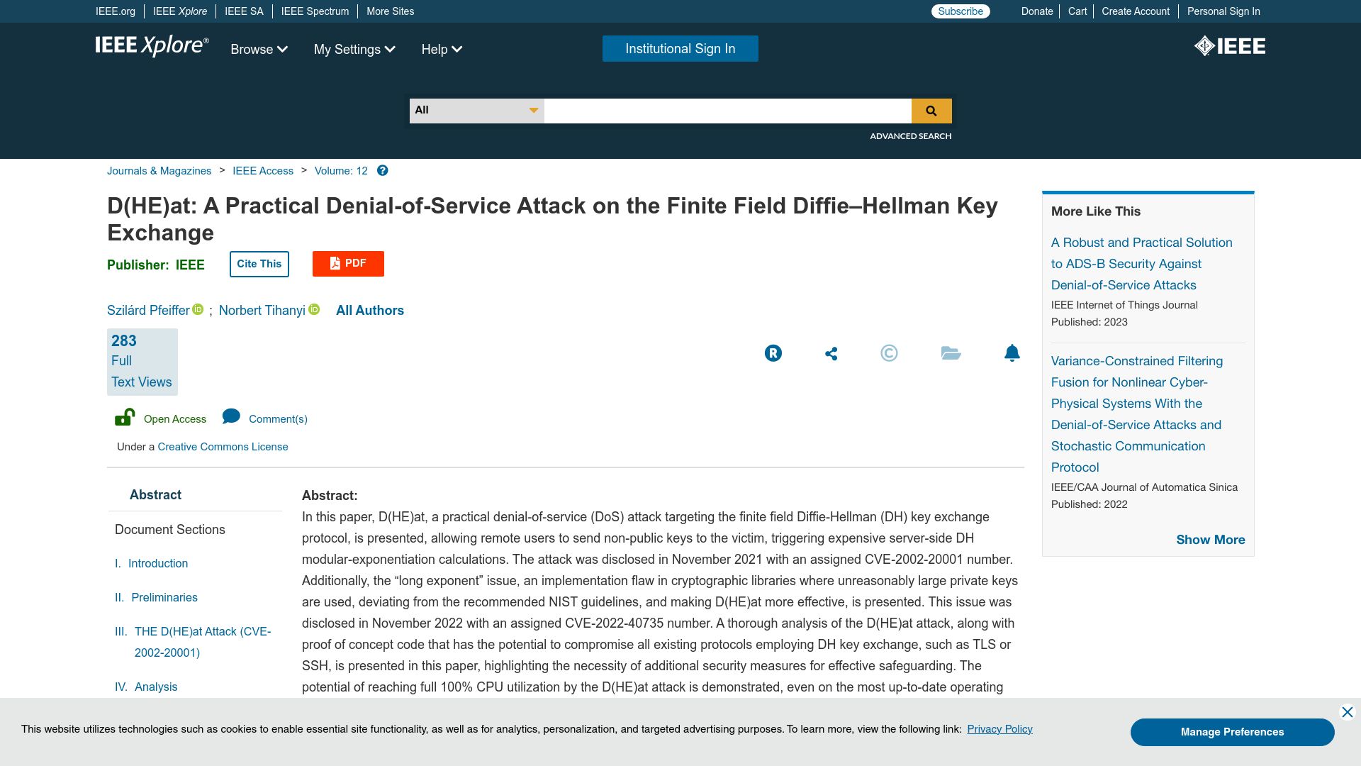 Screenshot of ieeexplore.ieee.org: D(HE)at: A Practical DoS Attack on the Finite Field Diffie–Hellman Key Exchange