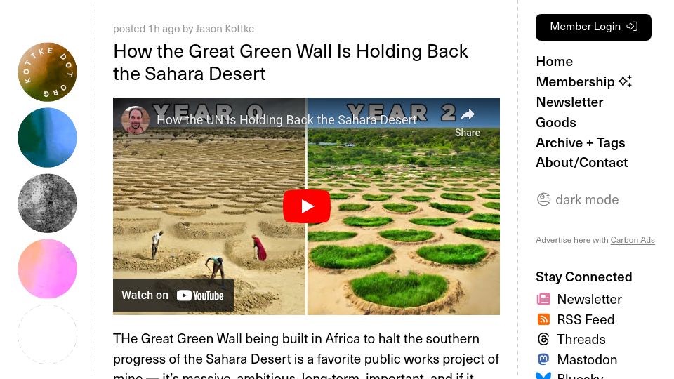 Screenshot of kottke.org: How the Great Green Wall Is Holding Back the Sahara Desert