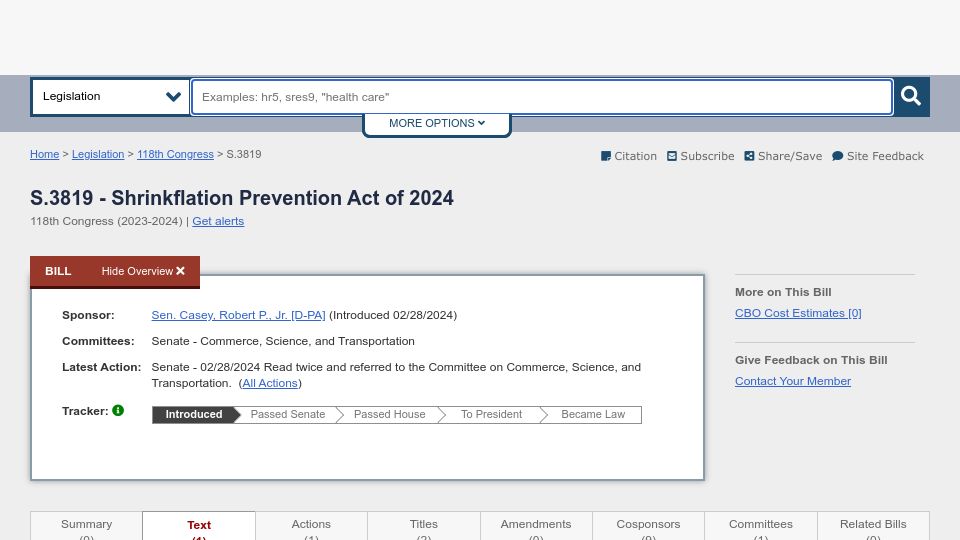 Screenshot of congress.gov: S.3819 – Shrinkflation Prevention Act of 2024