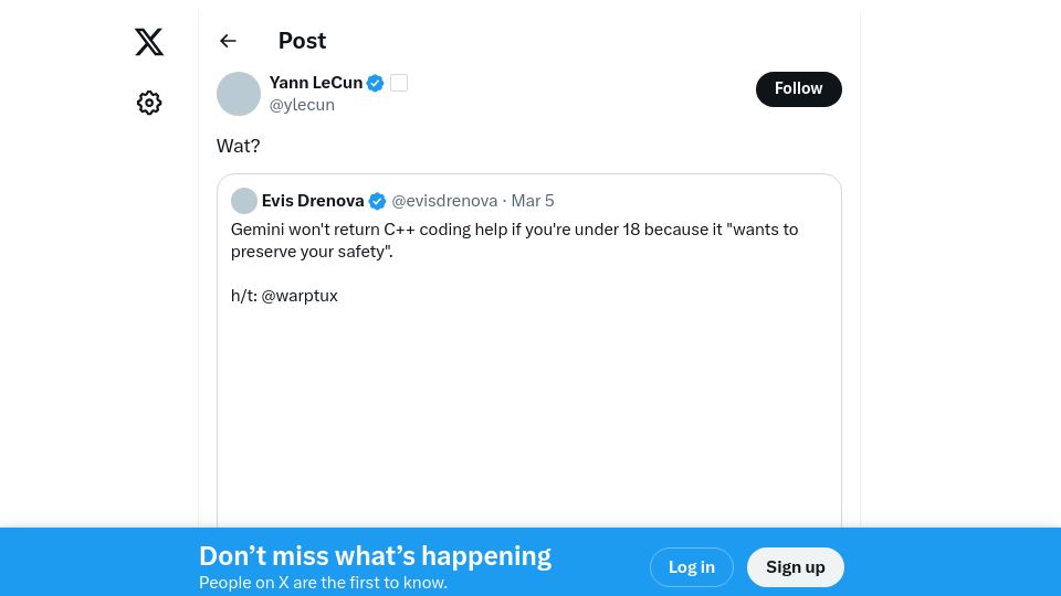 Screenshot of twitter.com: Gemini won't return C++ coding help if you're under 18 "to preserve your safety"