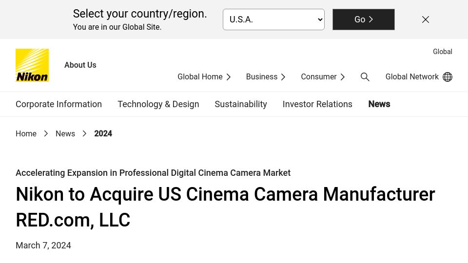 Screenshot of nikon.com: Nikon to acquire RED
