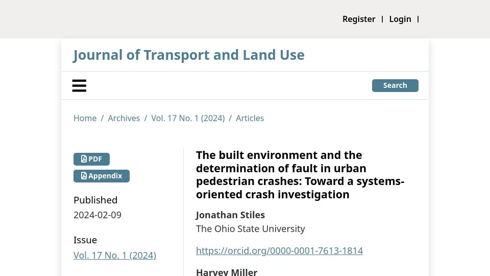 Screenshot of jtlu.org: The built environment and the determination of fault in urban pedestrian crashes