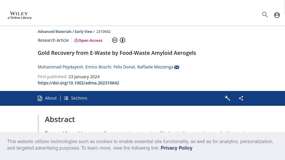 Screenshot of onlinelibrary.wiley.com: Gold recovery from e-waste by food-waste amyloid aerogels