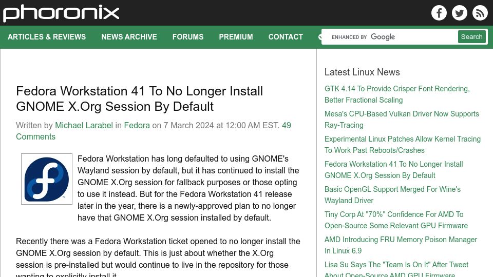 Screenshot of phoronix.com: Fedora Workstation 41 to No Longer Install Gnome X.org Session by Default