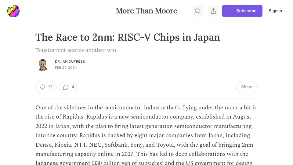 Screenshot of morethanmoore.substack.com: The Race to 2nm: RISC-V Chips in Japan – By Dr. Ian Cutress