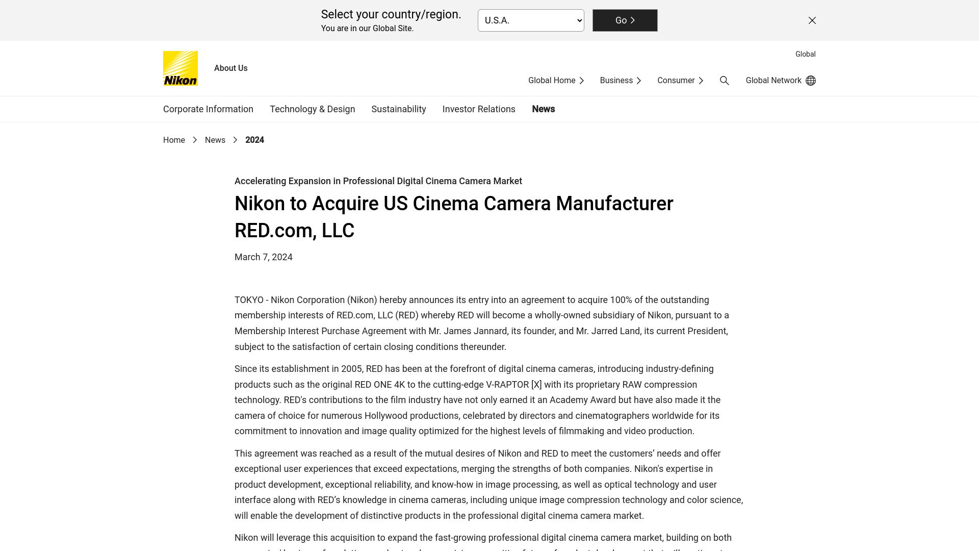 Screenshot of nikon.com: Nikon to acquire RED