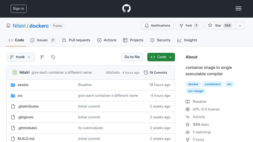 Screenshot of github.com: Show HN: dockerc – Docker image to static executable "compiler"