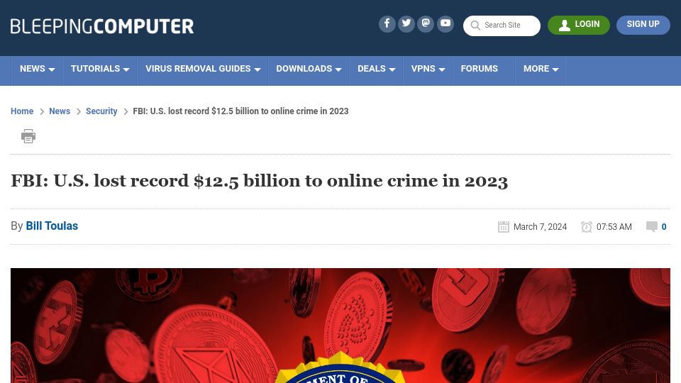 Screenshot of bleepingcomputer.com: FBI: U.S. lost record $12.5B to online crime in 2023