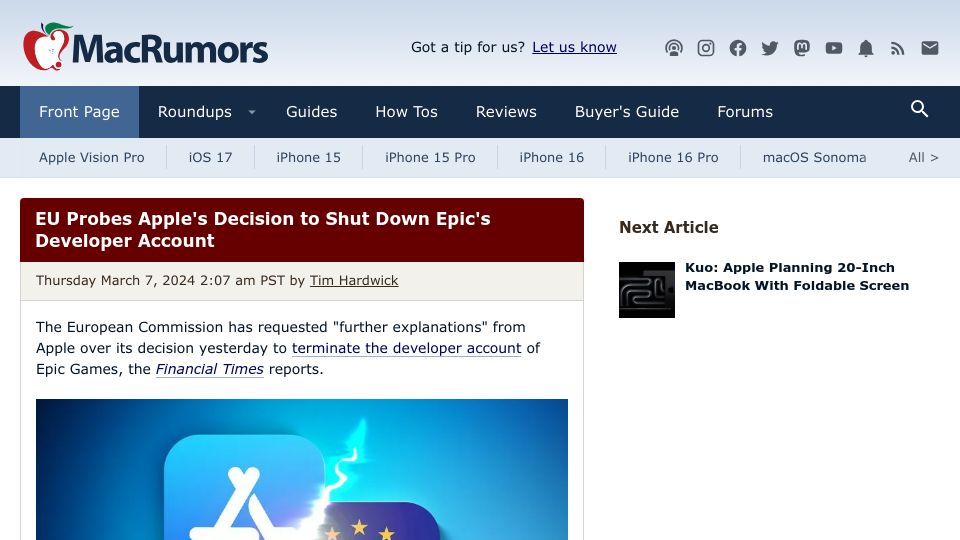 Screenshot of macrumors.com: EU Probes Apple's Decision to Shut Down Epic's Developer Account