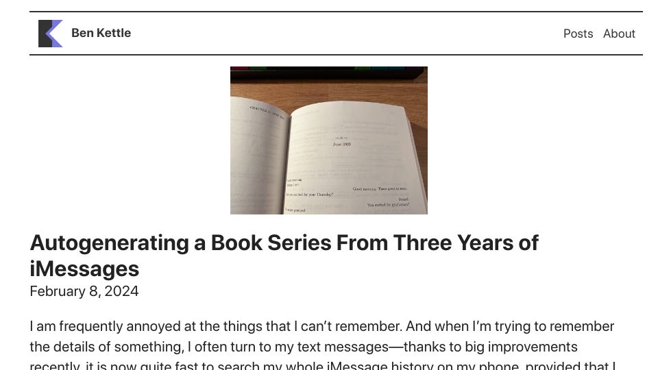 Screenshot of benkettle.xyz: Autogenerating a Book Series from Three Years of iMessages