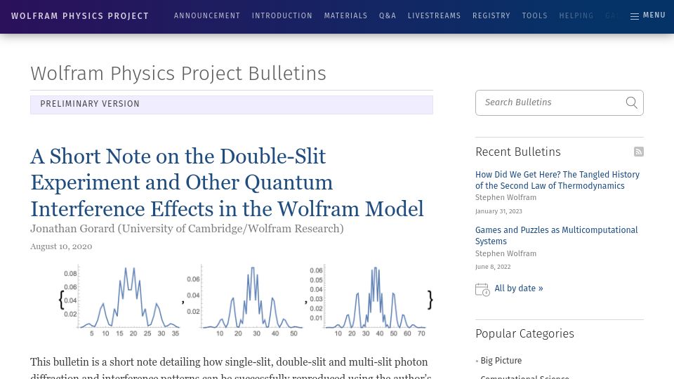 Screenshot of wolframphysics.org: On the Double-Slit Experiment and Quantum Interference in the Wolfram Model (2020)