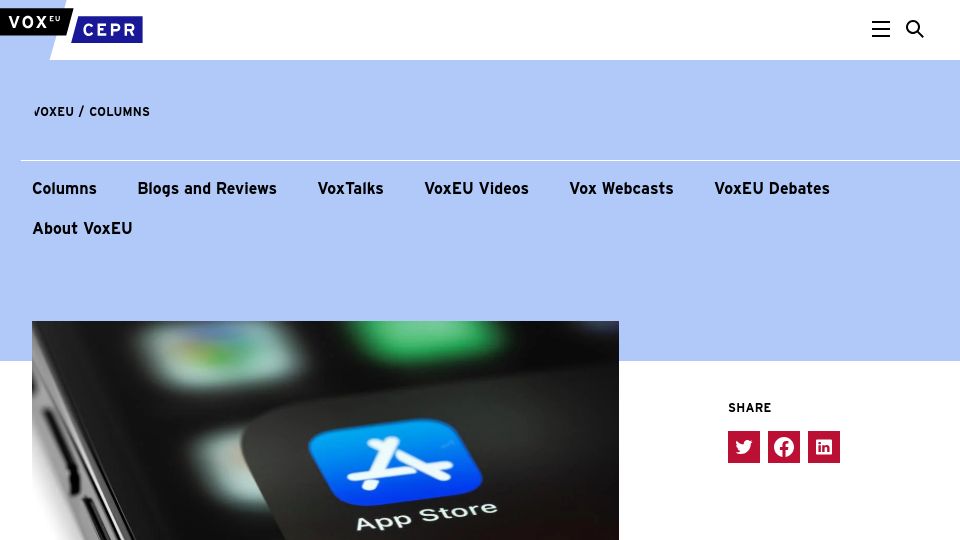 Screenshot of cepr.org: Apple's exclusionary app store scheme: An existential moment for the DMA